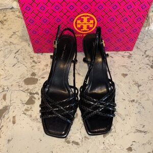 NIB Tory Burch Perfect Black Multi Strap Wedge  Sandal Snake Embossed Jute 8.5